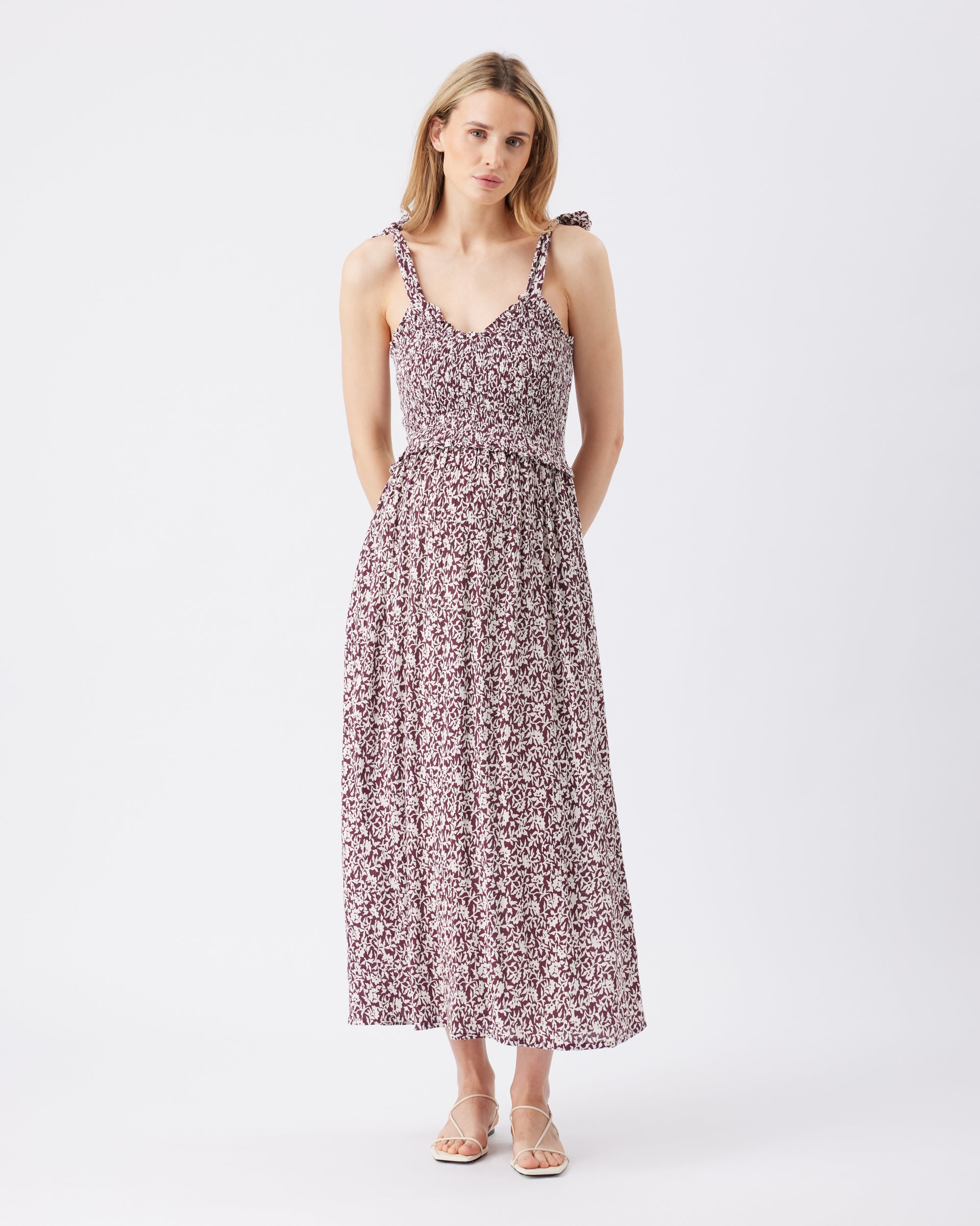 Dana Shirred Dress  Maroon / White