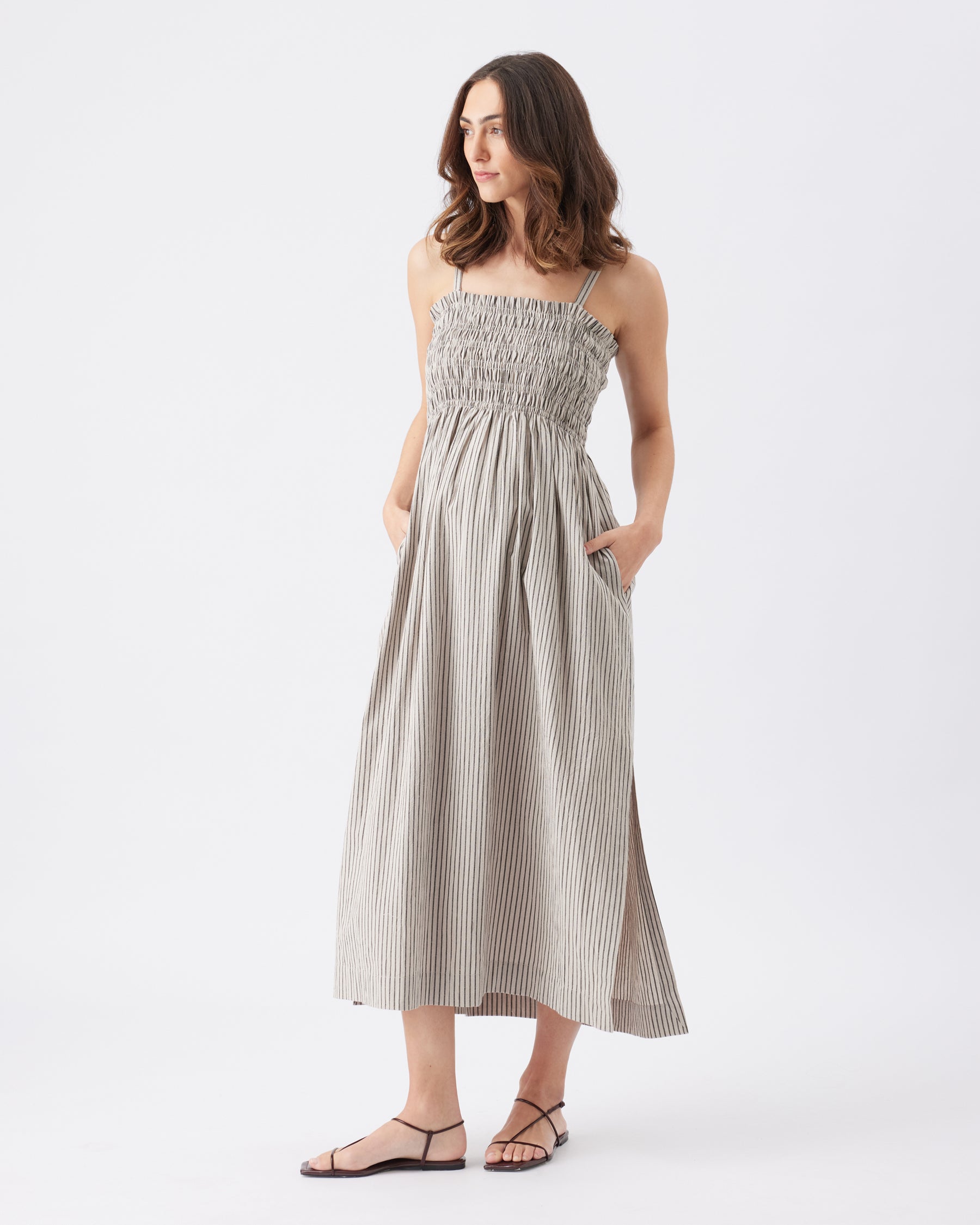 Leo Stripe Shirred Dress Natural / Black