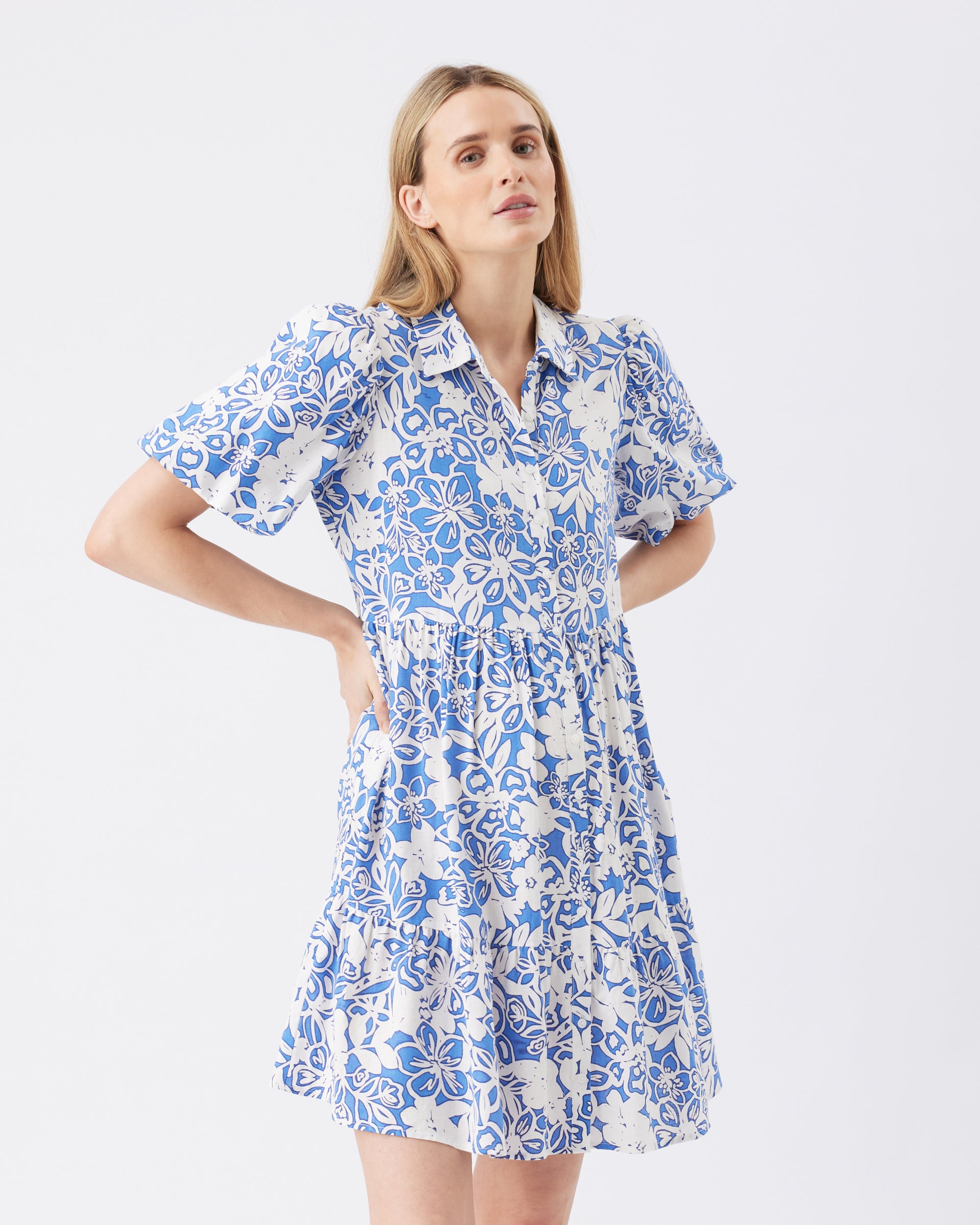 Nahla Linen Dress  Royal / White