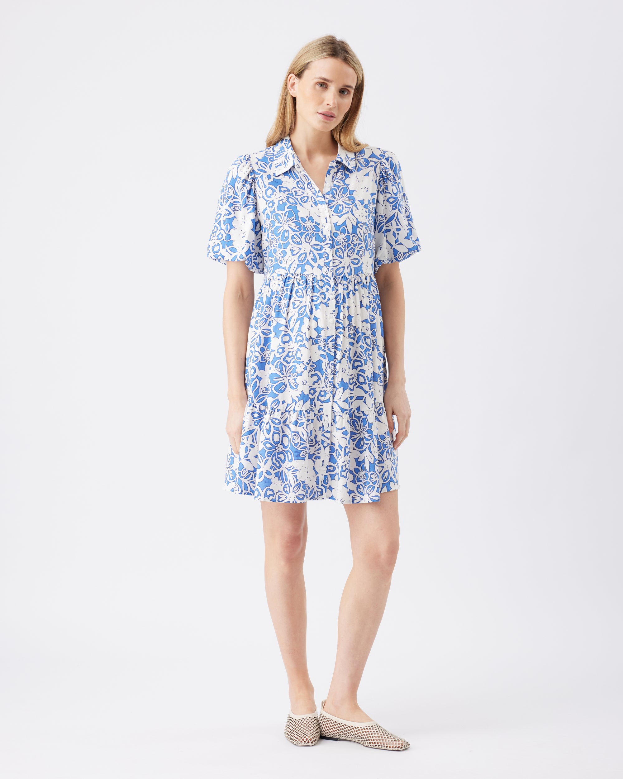 Nahla Linen Dress  Royal / White