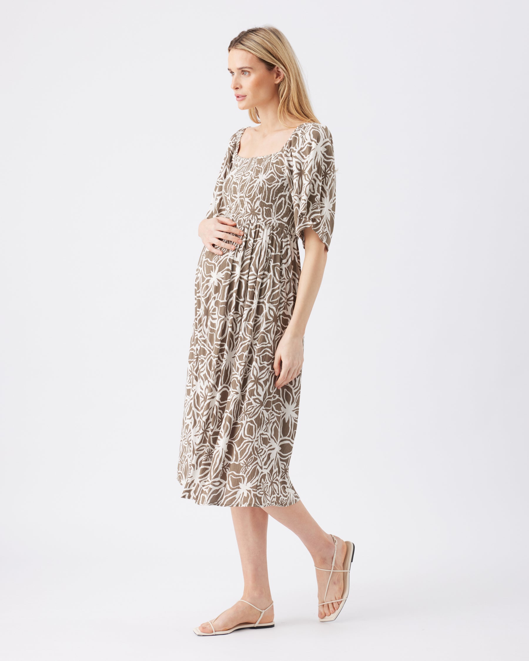 Alona Shirred Dress Olive / White