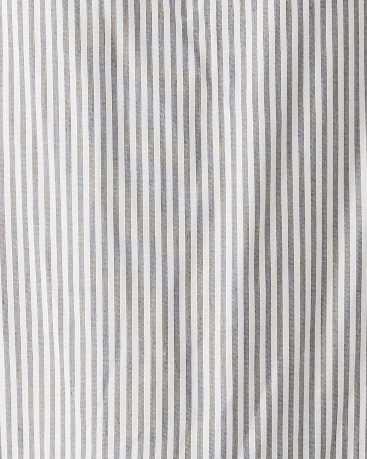 Close-up of a vertically striped fabric pattern with alternating thin gray and off-white stripes.