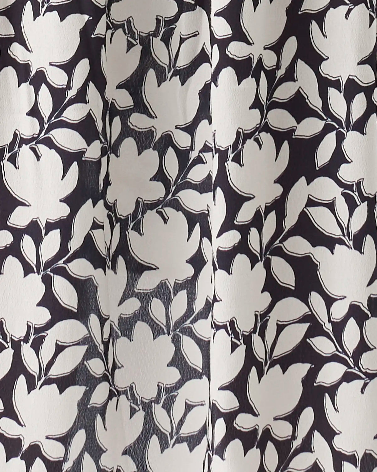 A close-up of a fabric or wallpaper pattern featuring large white floral silhouettes on a dark charcoal gray background.