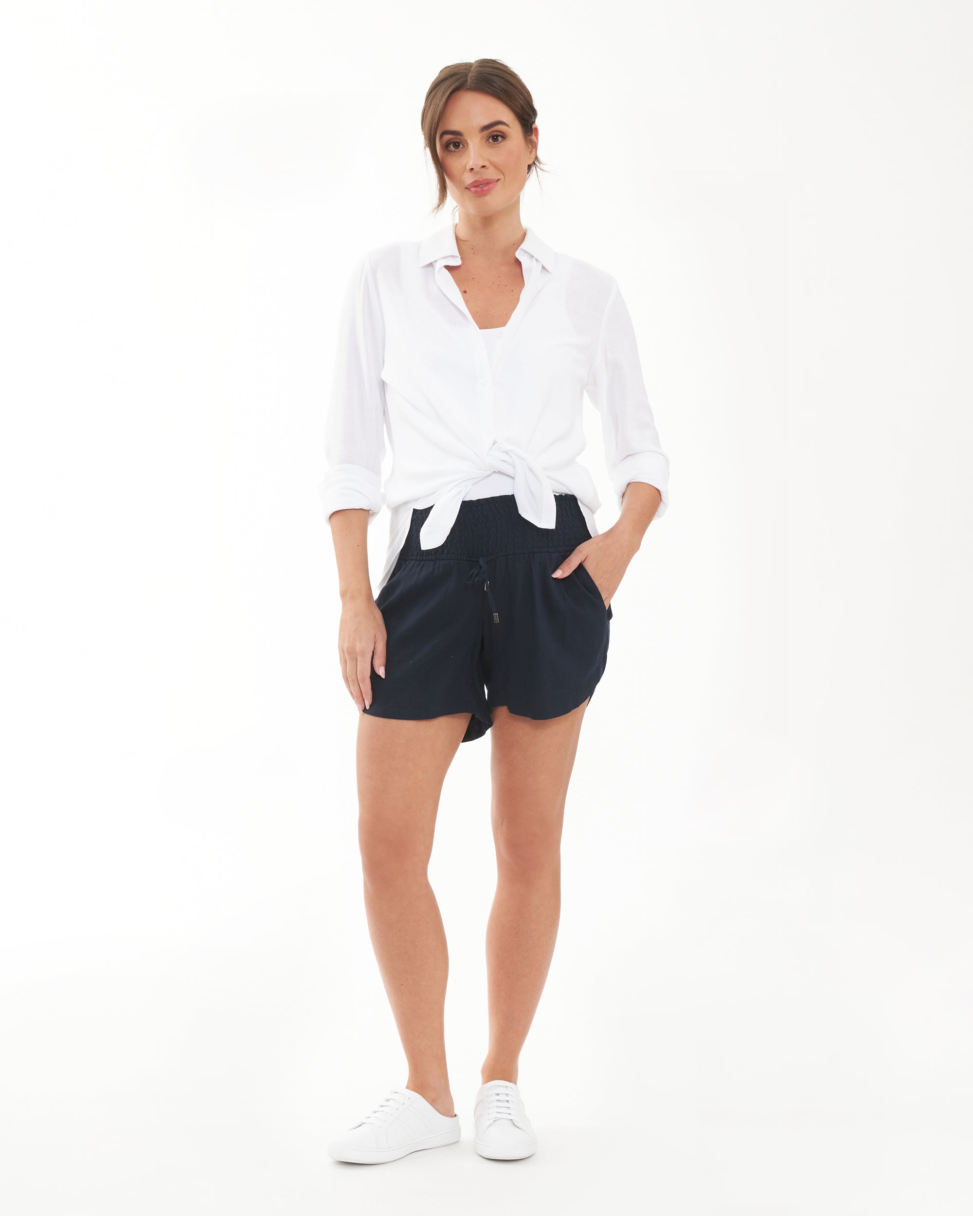 Indi Shirred Linen Short Navy