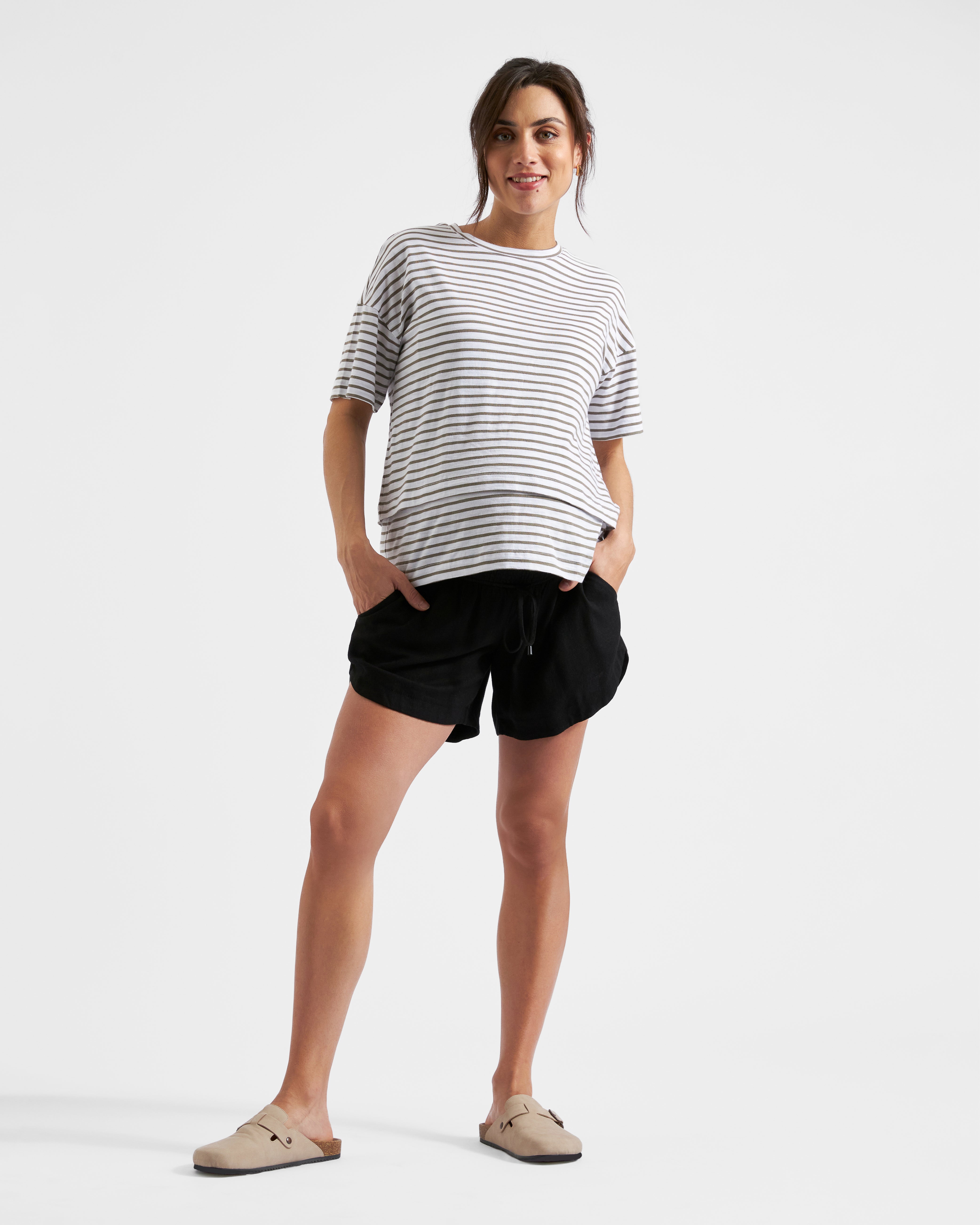 Byron Shirred Linen Short  Black