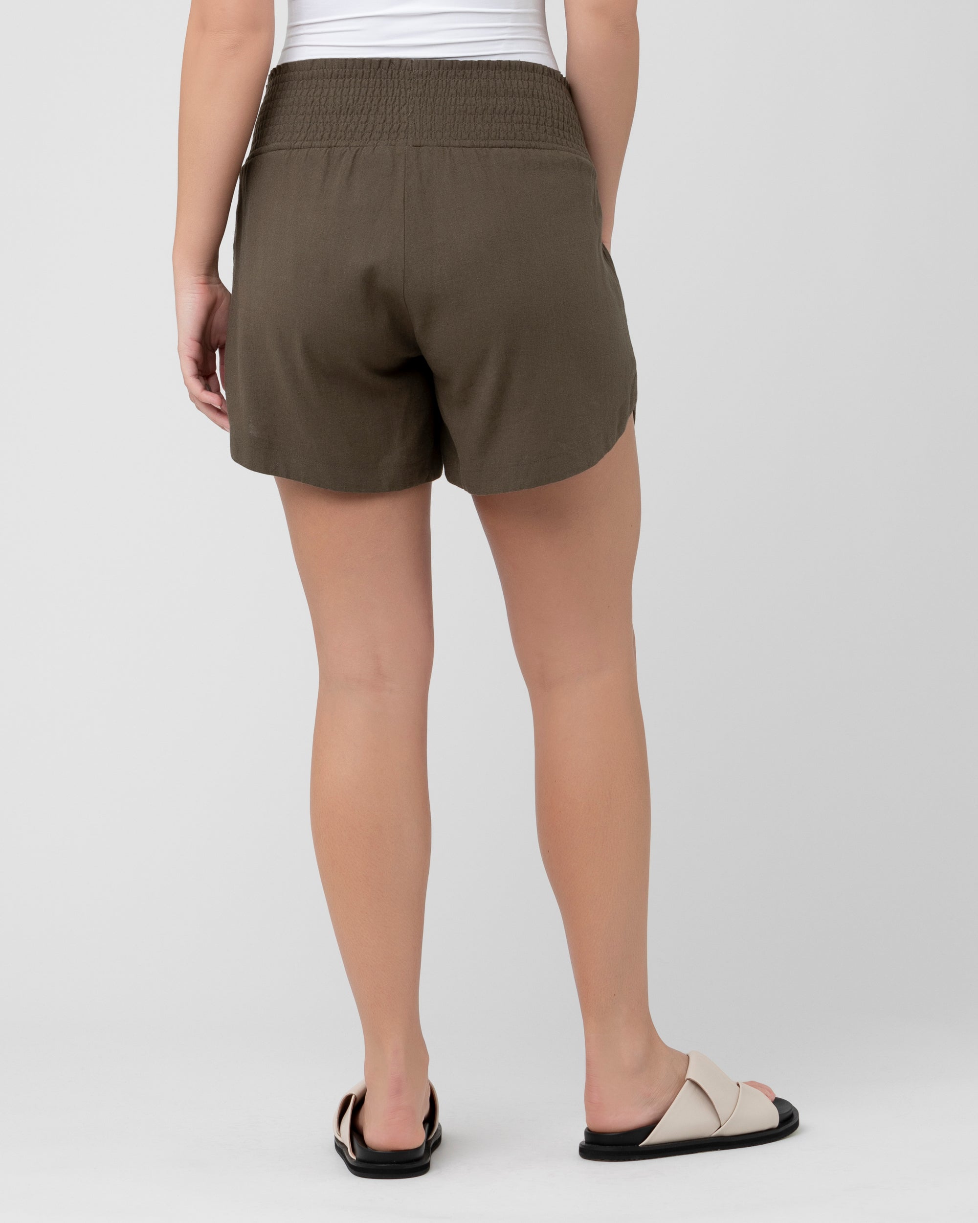 Byron Shirred Linen Short  Olive