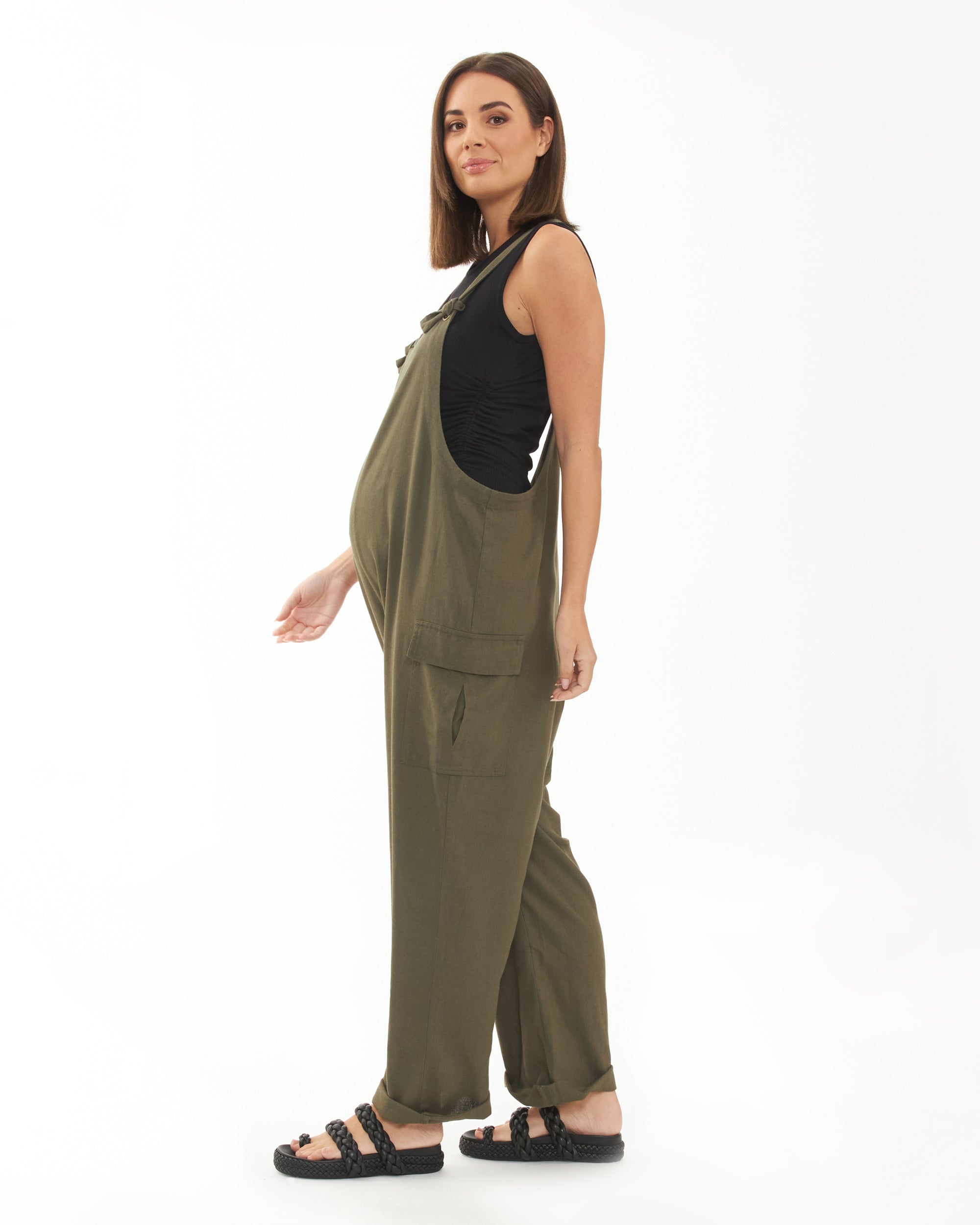 Cargo Pocket Linen Jumpsuit Olive