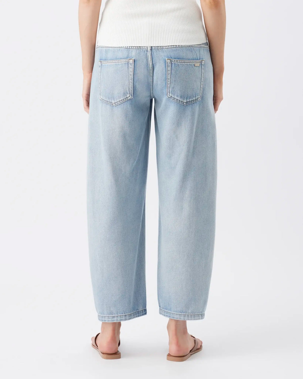 A person shown from the back wearing light-wash wide-leg cropped jeans with back pockets, paired with a white ribbed top and flat sandals, against a plain light gray studio background.