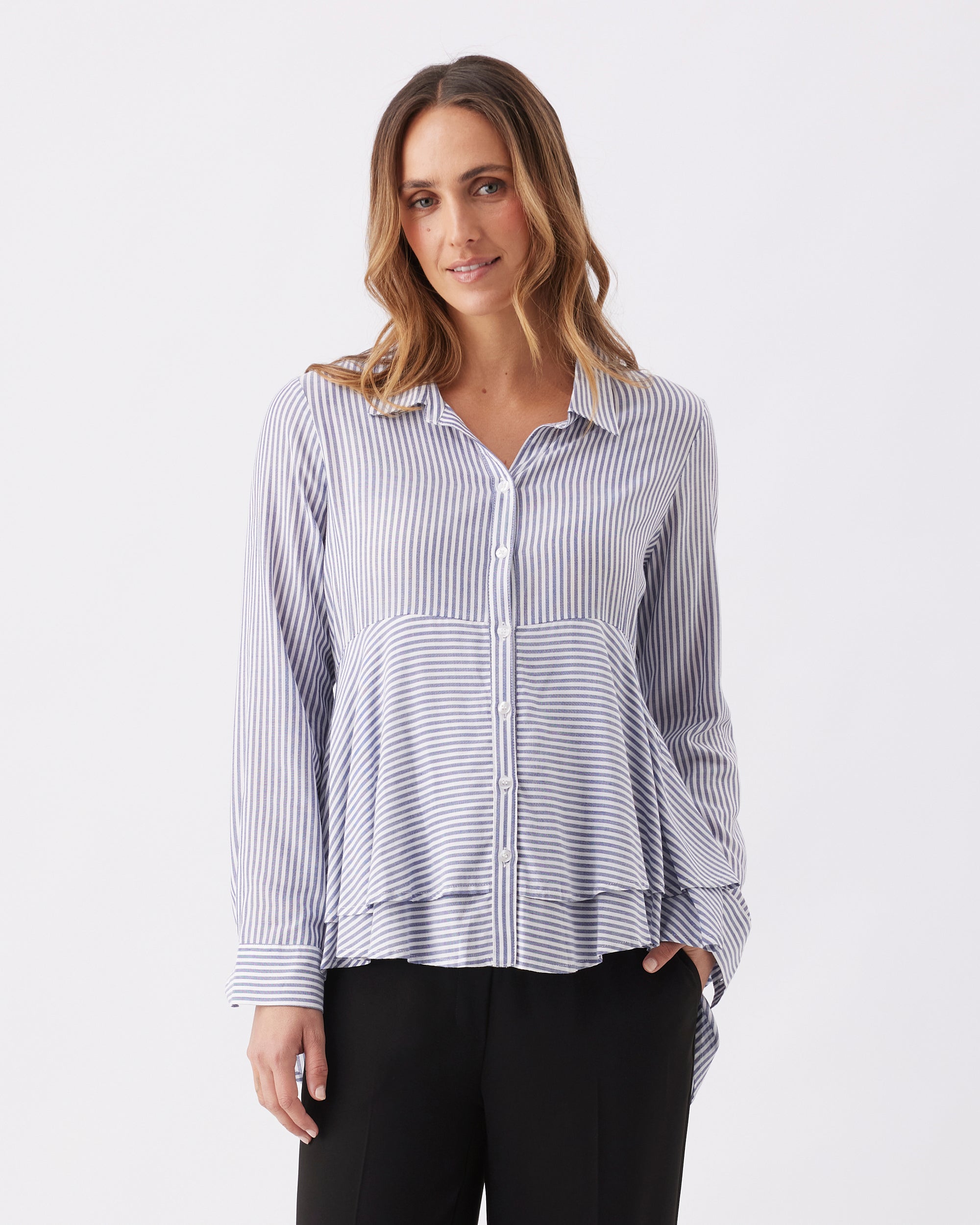 Stripe Layered Peplum Shirt Navy / White