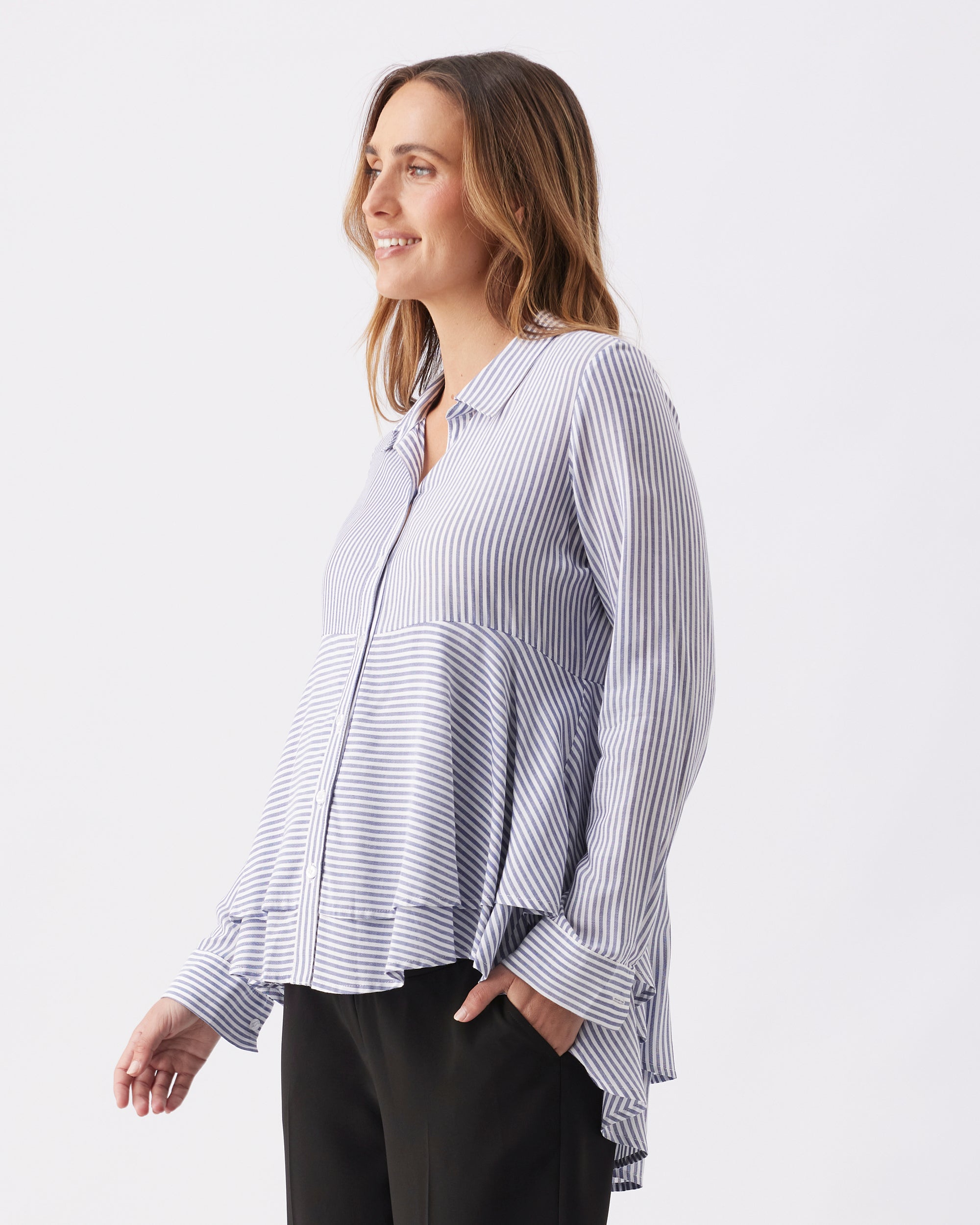 Stripe Layered Peplum Shirt - Navy / White