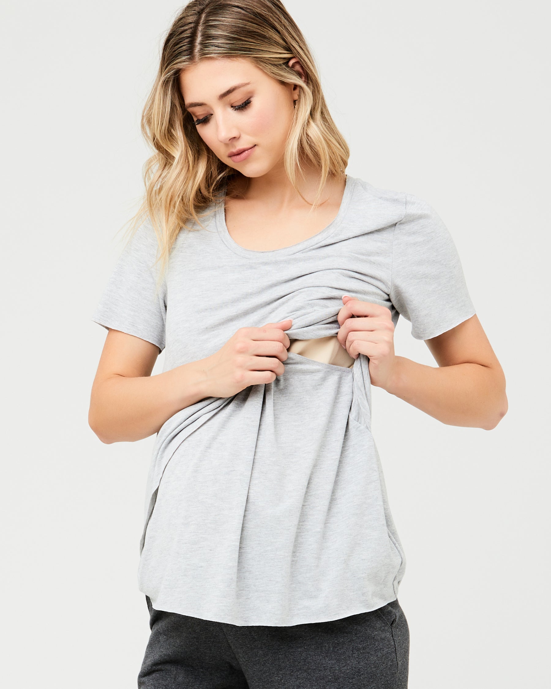 Short Sleeve Raw Edge Nursing Top Silver Marle