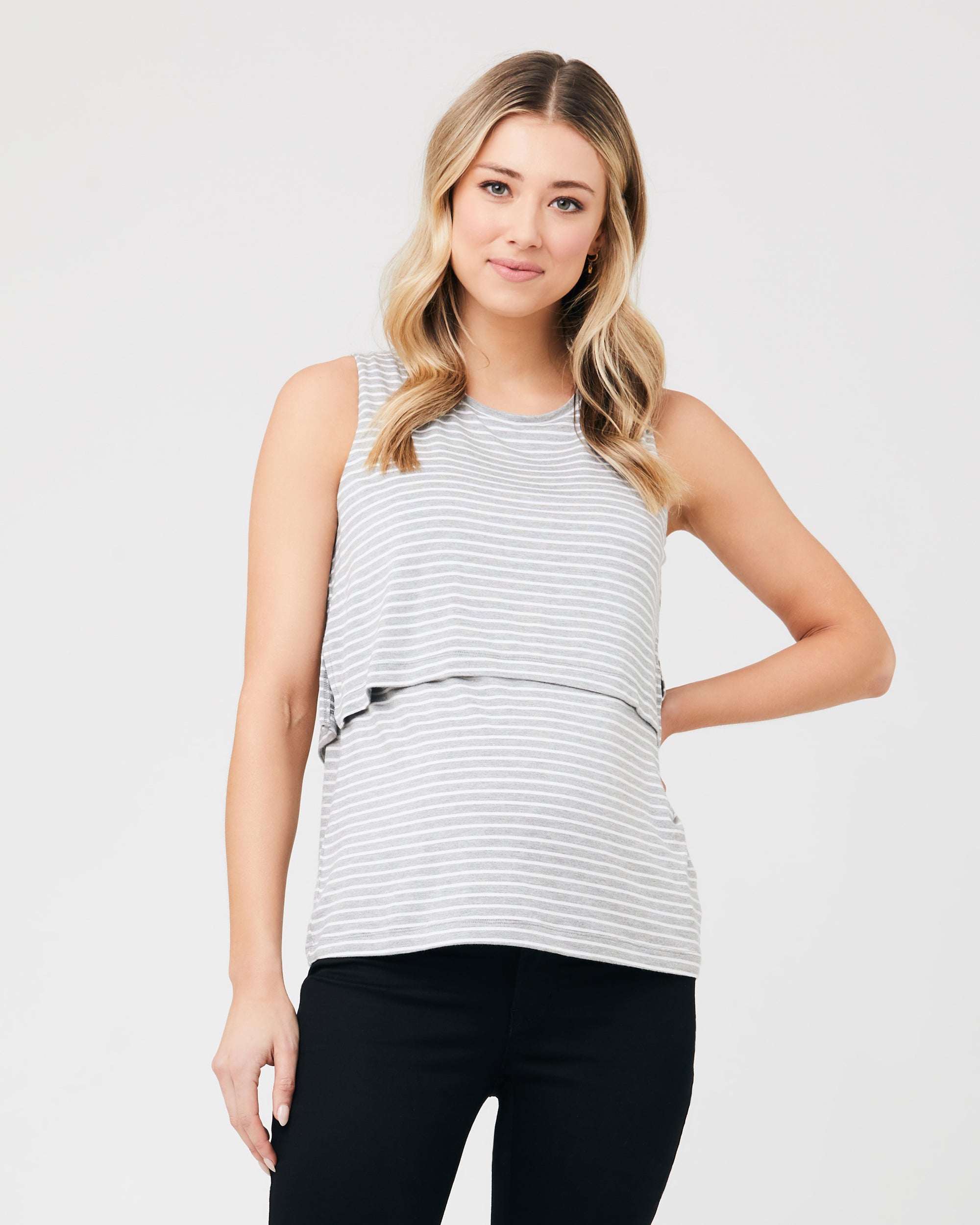 Stripe Layered Nursing Tank Silver Marle / White