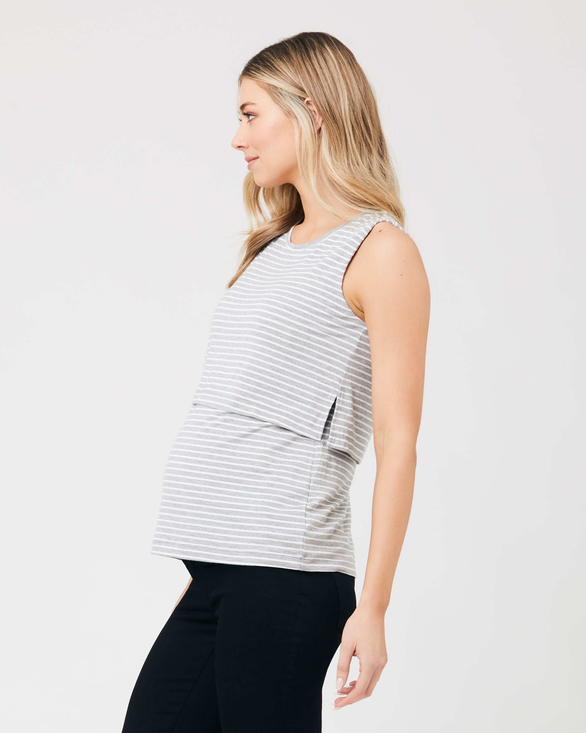 Stripe Layered Nursing Tank Silver Marle / White