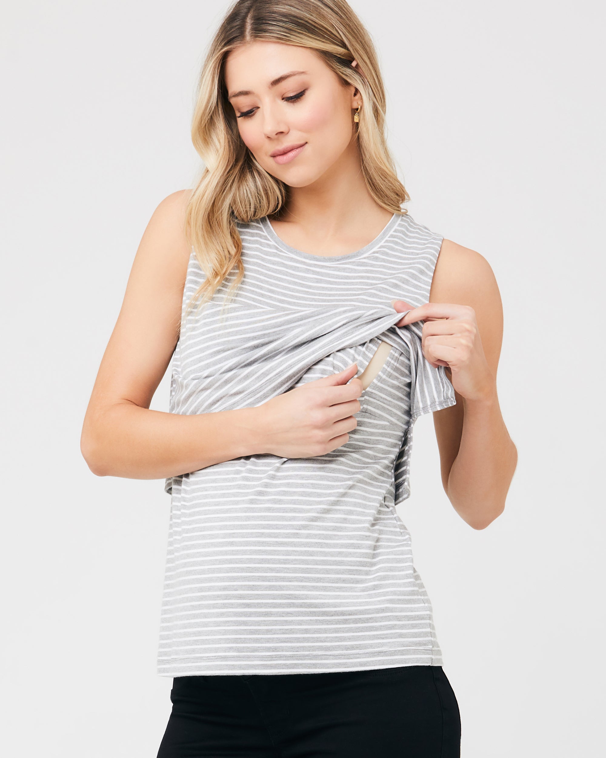 Stripe Layered Nursing Tank Silver Marle / White