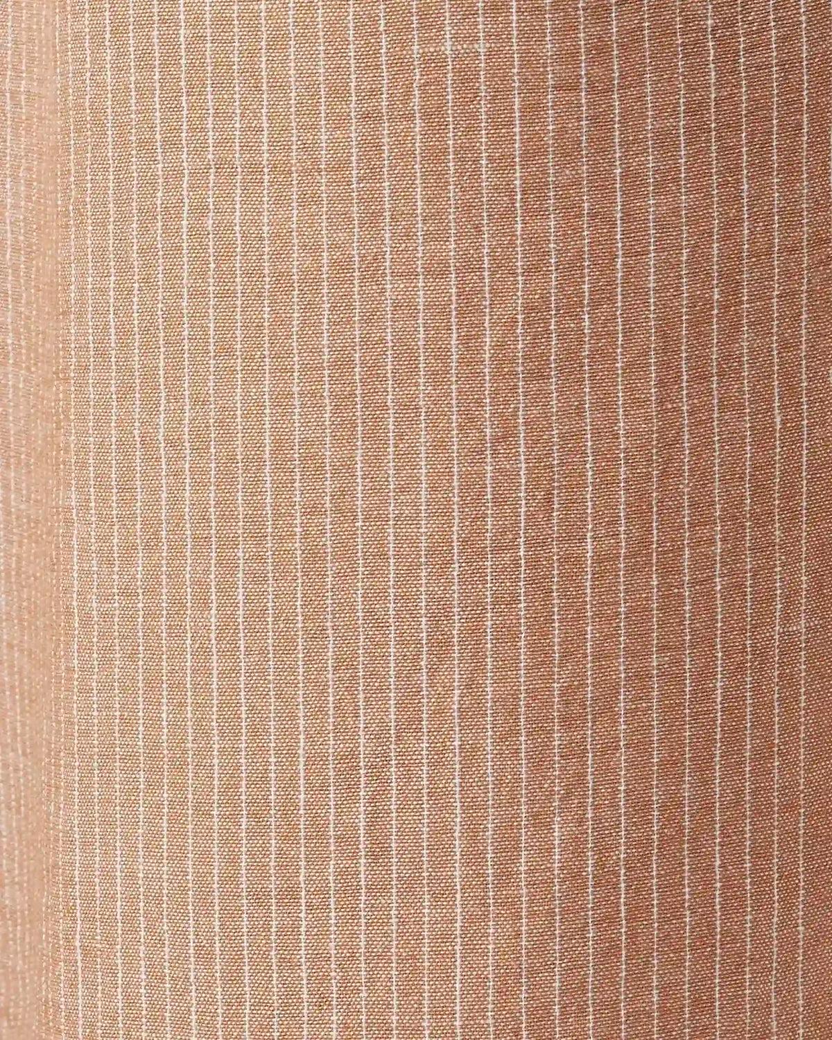 A close-up of a woven fabric texture in a warm taupe-brown color with thin vertical off-white pinstripes.