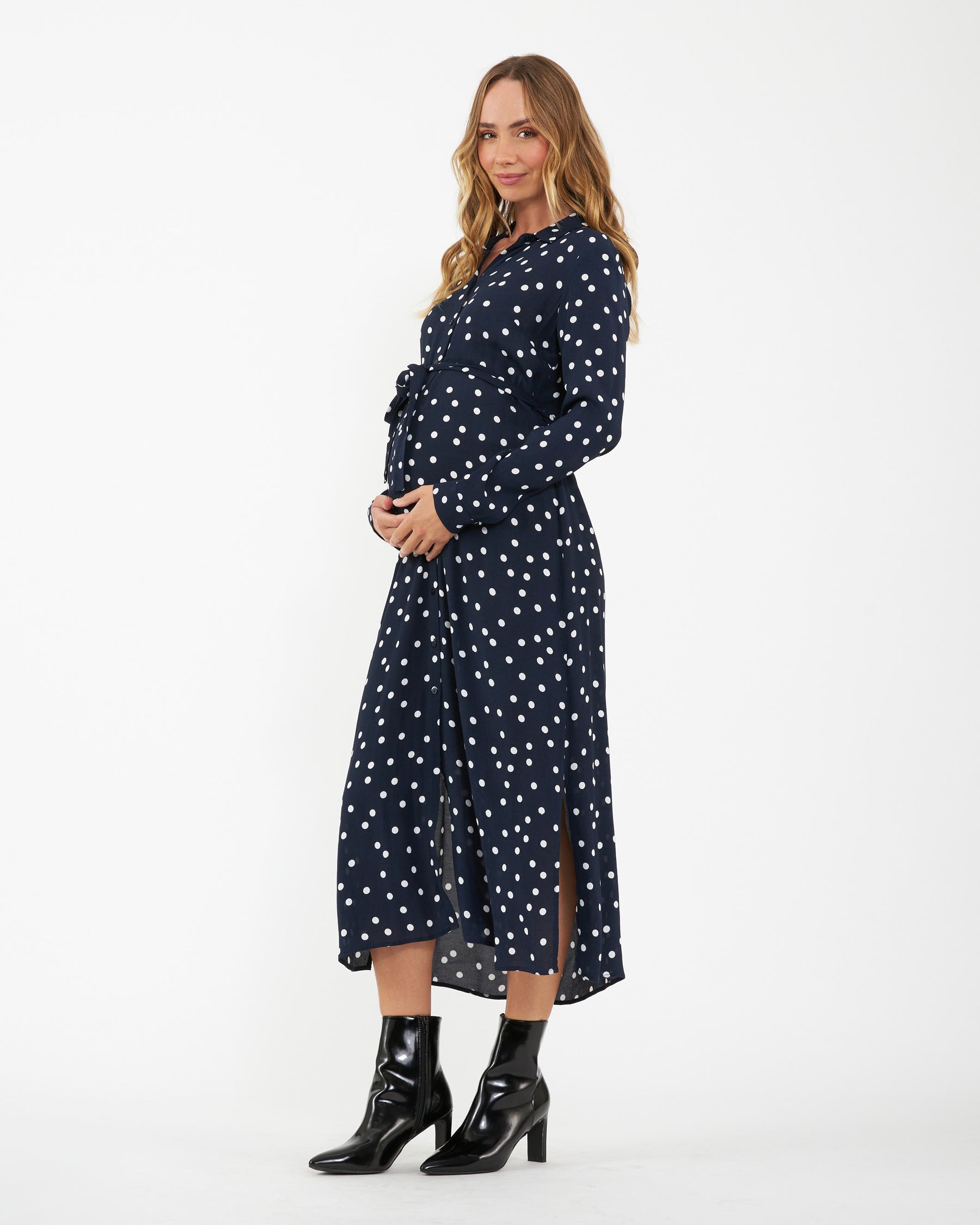 blue and white polka dot maternity dress Navy Polka Dot Smocked Maternity Dress PinkBlush