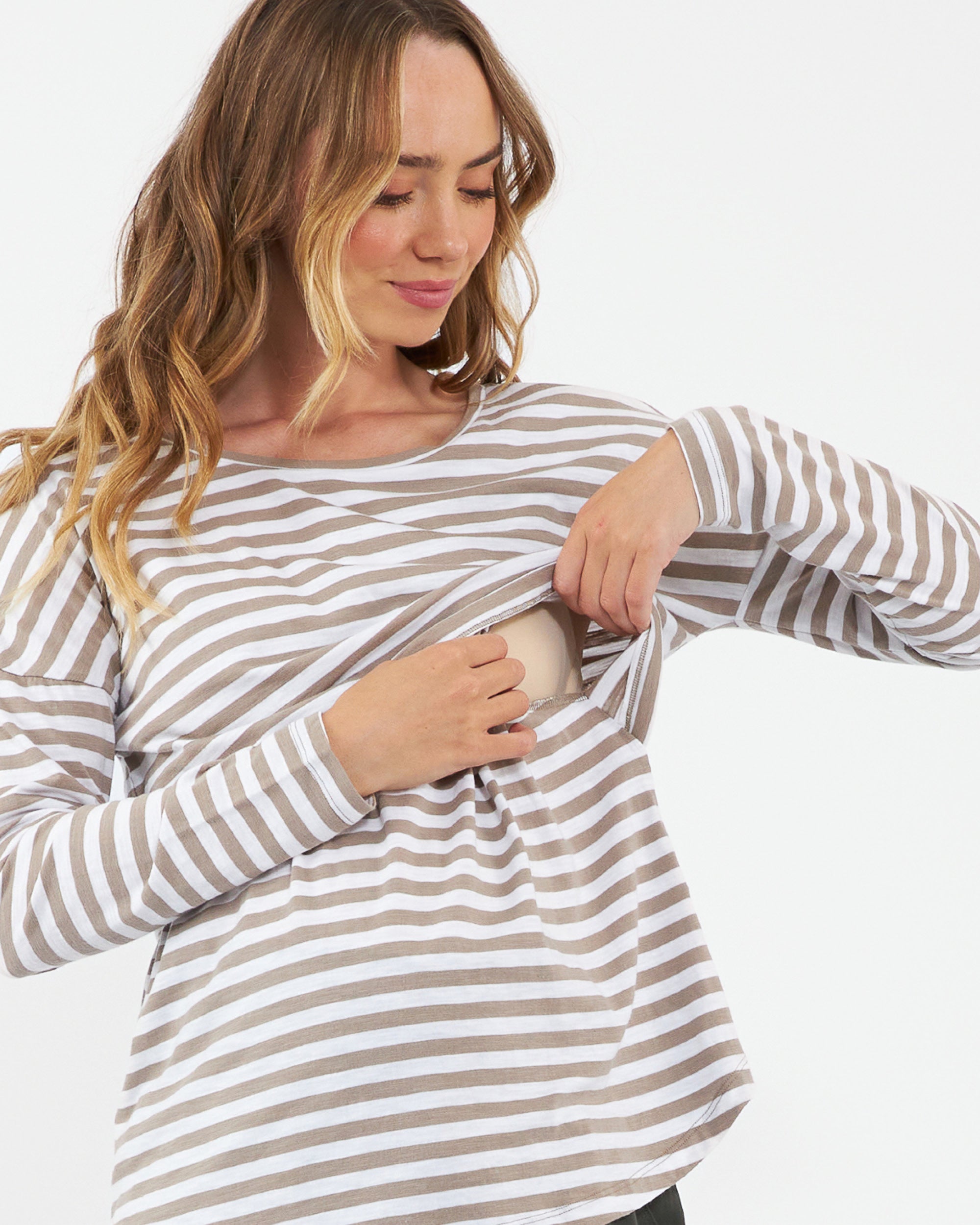 Lionel Long Sleeve Nursing Tee Taupe / White