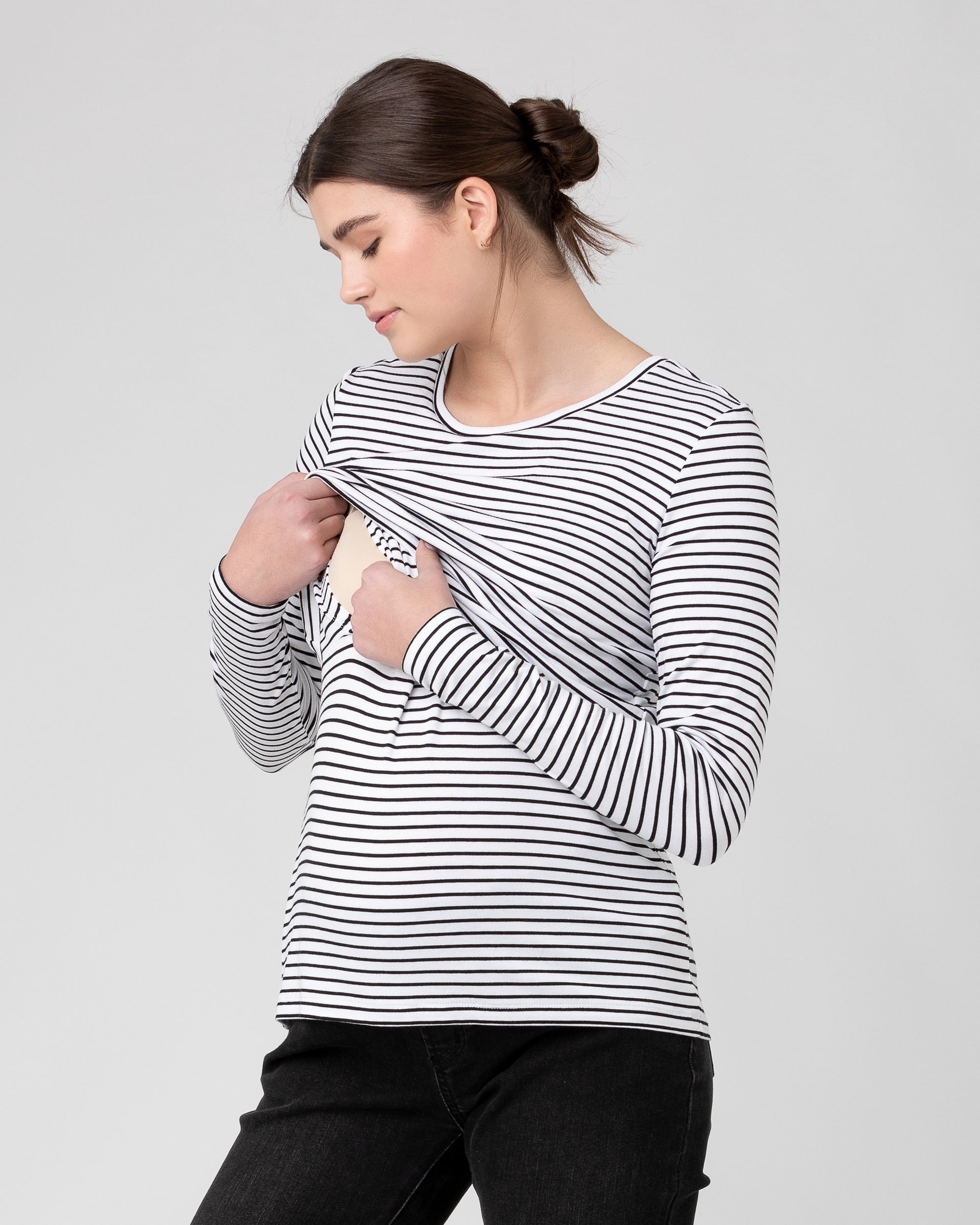 Stripe Layered Nursing Top  White / Black