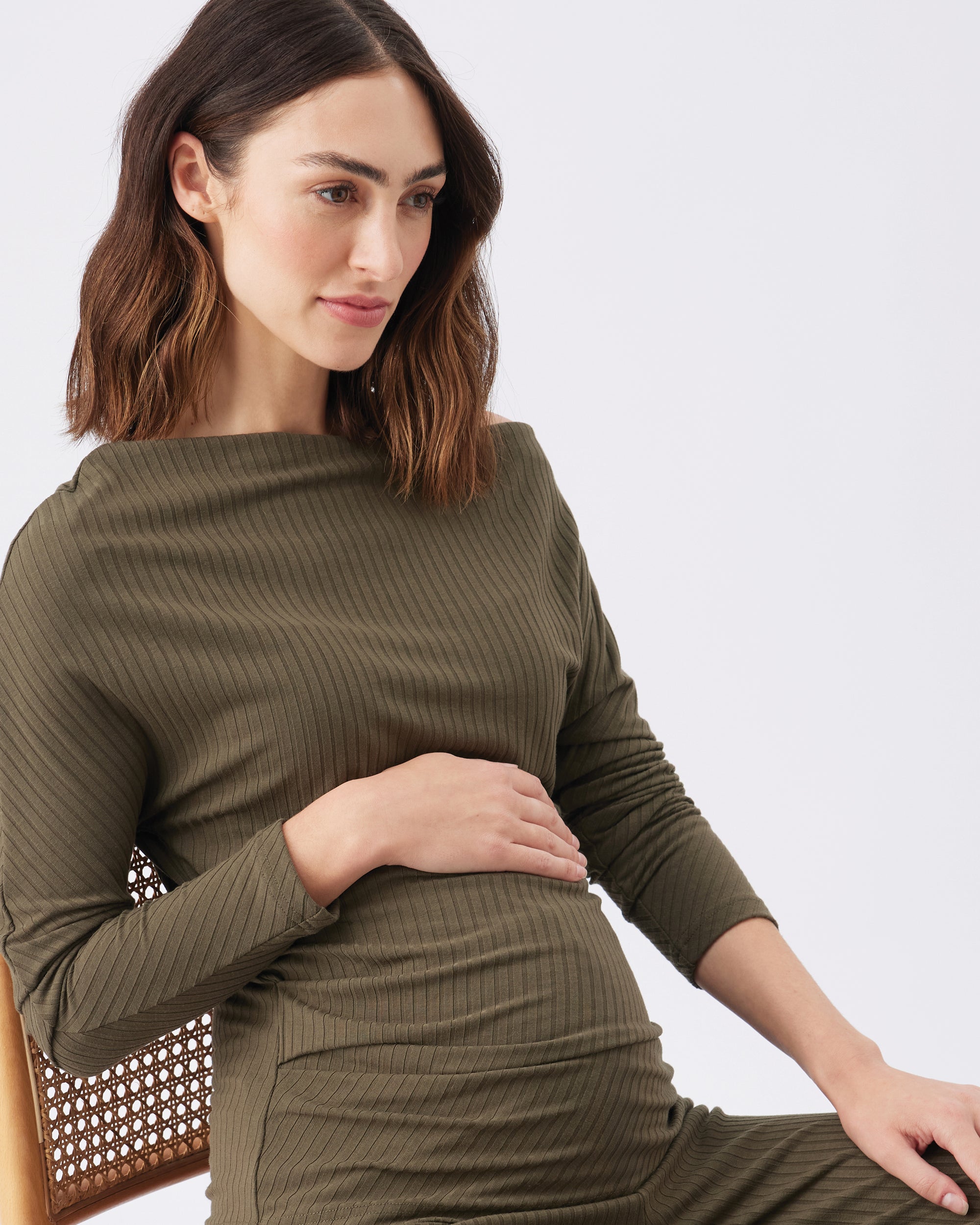 Off-Shoulder Rib Top Khaki