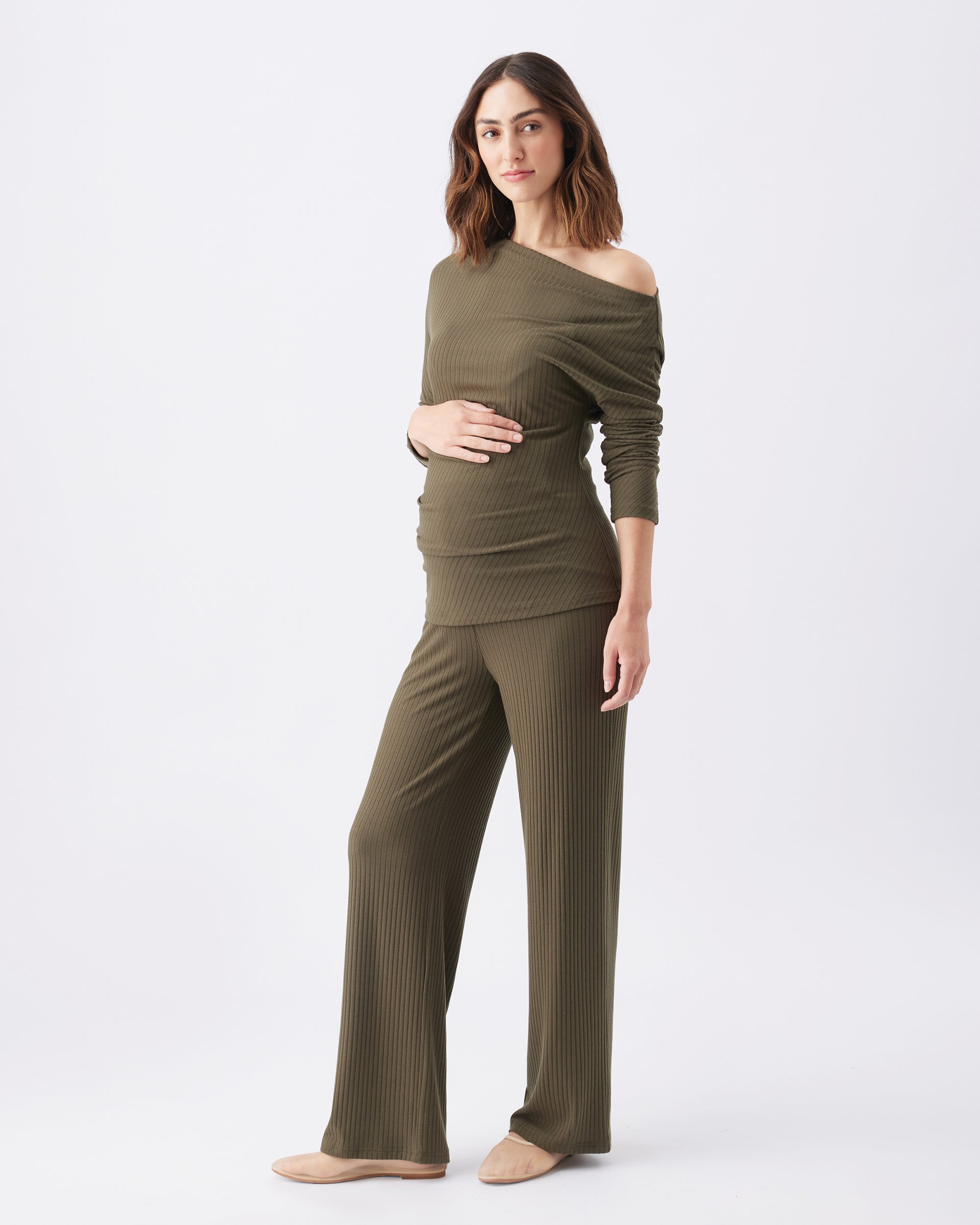Off-Shoulder Rib Top Khaki