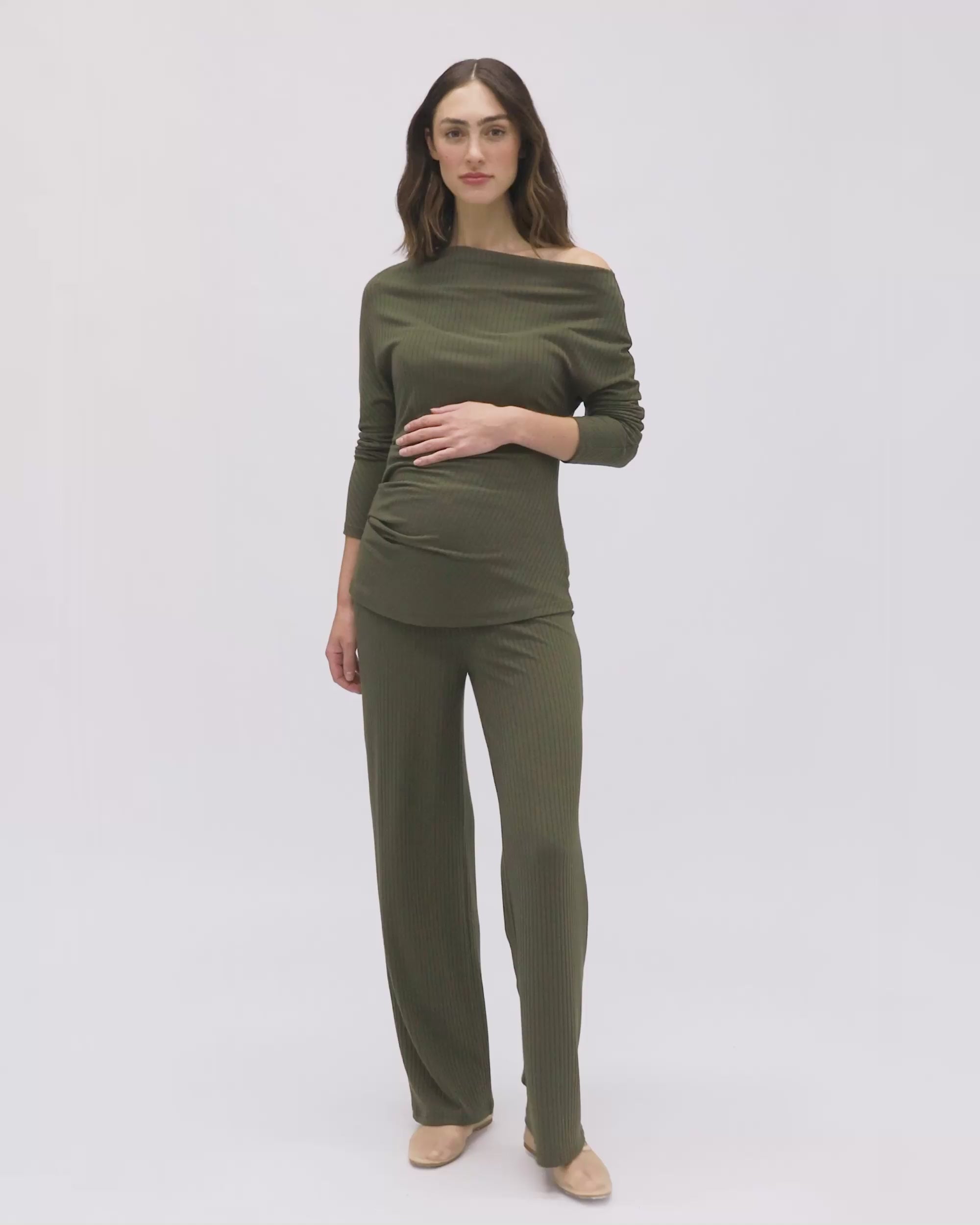 Off-Shoulder Rib Top - Khaki
